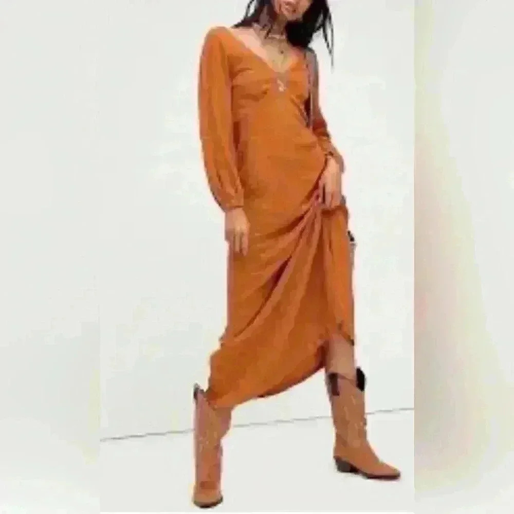 NEW FREE PEOPLE FP BEACH Sz LARGE AMALFI LONG SLEEVE V NECK MAXI DRESS - Picture 2 of 8